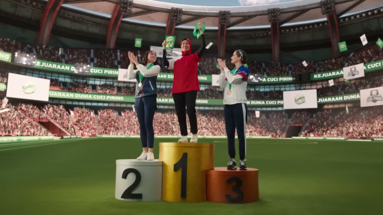 Three mothers celebrate on an Olympic-style podium in a packed stadium, from Sunlight's Mothers Are Athletes campaign.